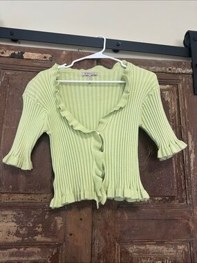 BCBGeneration Light Green Ruffle-Front Ribbed Cardigan
